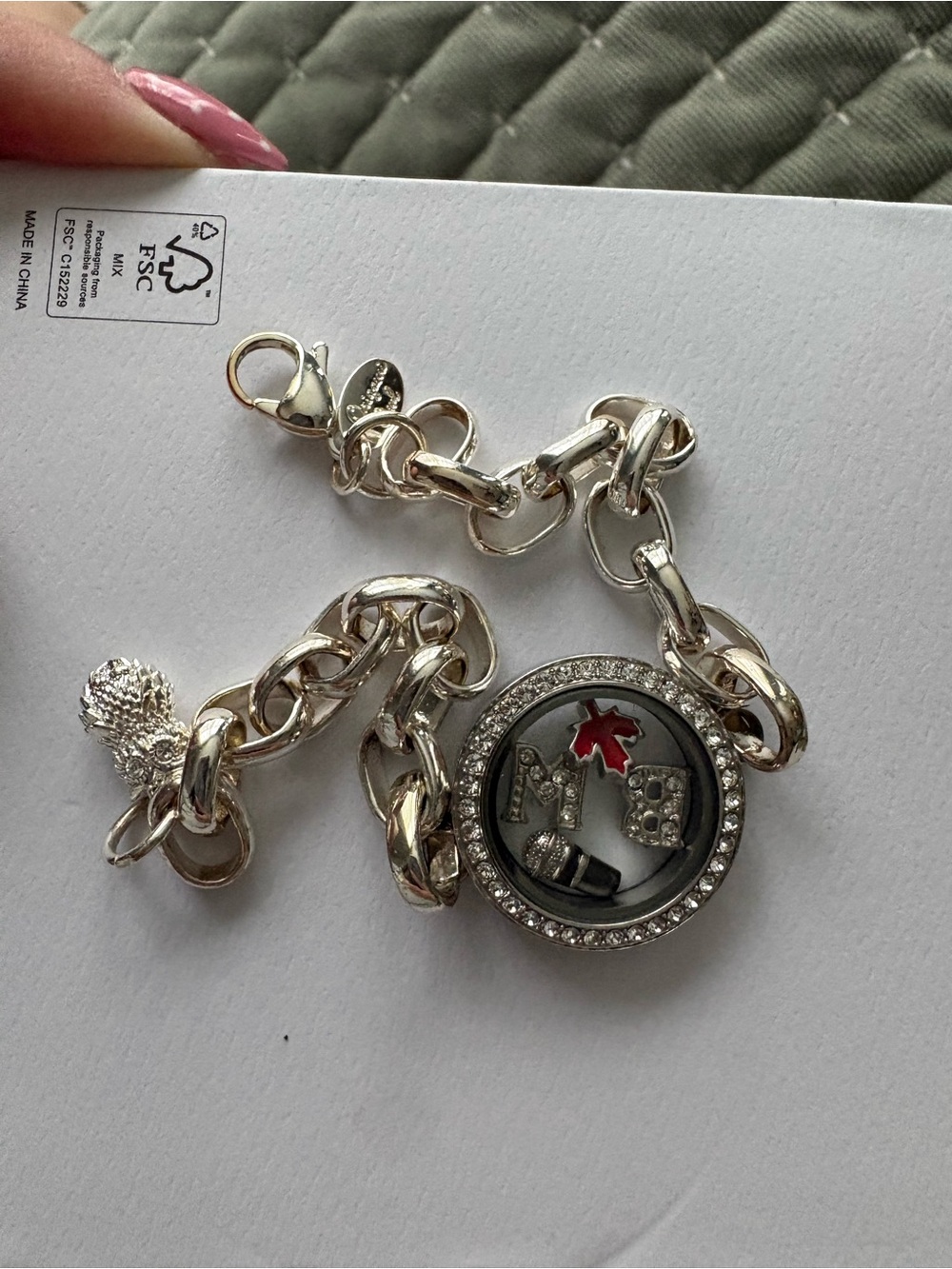 Origami Owl Silver Charm Locket Bracelet with Red Accent